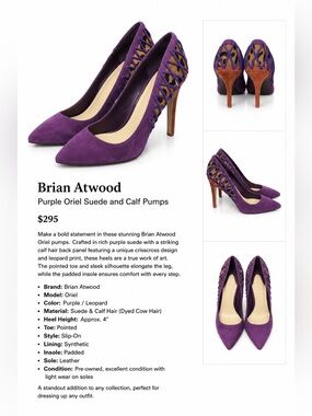 Brian Atwood Oriel Purple Suede & Calf Hair Designer Pumps – Size 9